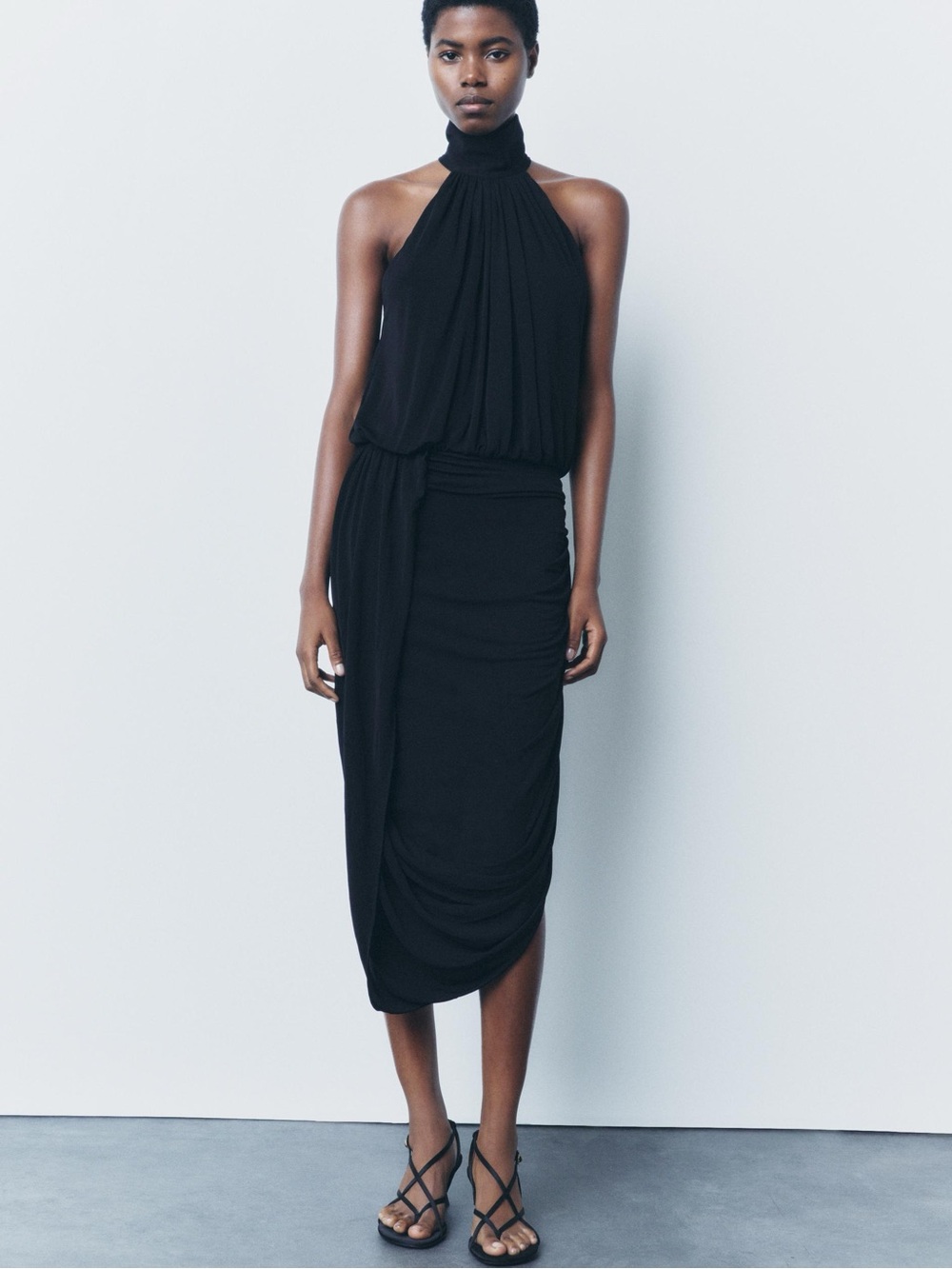 Zara Draped Halterneck Midi Dress High Collar Open Shoulders Asymmetrical Bottom